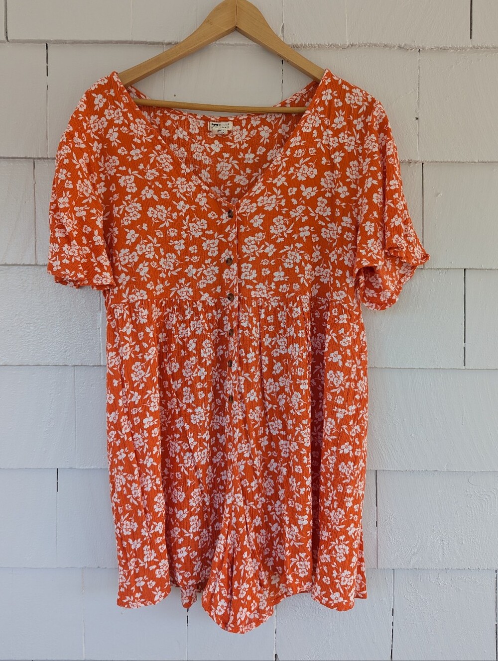 Billabong Orange White Floral Patterned Short Sleeve Romper Size Medium